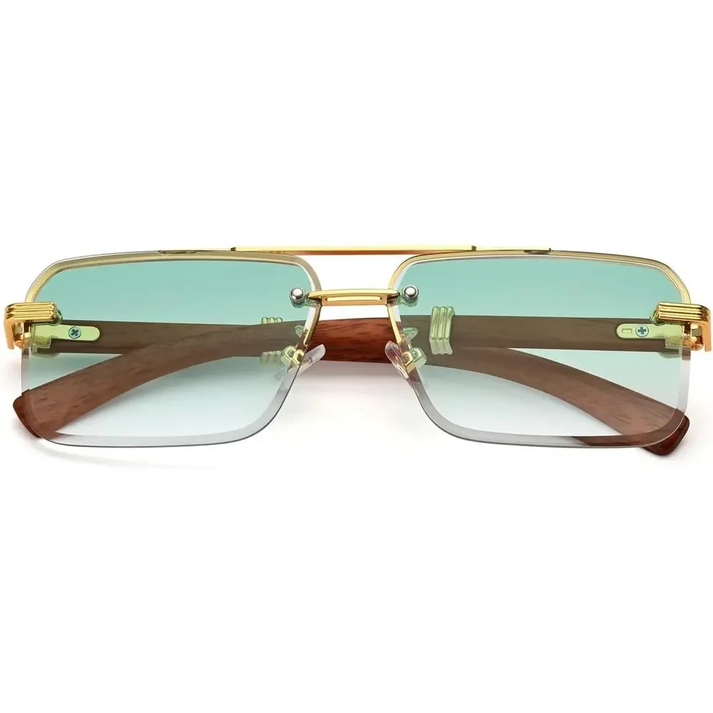 Designer Mens Gold & Faux Wood Brown Green Gradient Rectangle Sunglasses Fashion